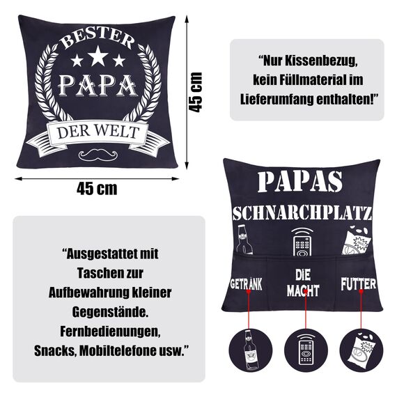 Shoppawhile Papa Geschenk Geburtstag Vatertag Bester Papa der Welt Kissenbezug 45 * 45cm Geschenke für Papa Weihnachten Vatertagsgeschenk Ideen Doppelseitige Zierkissenbezüge mit 3 Taschen