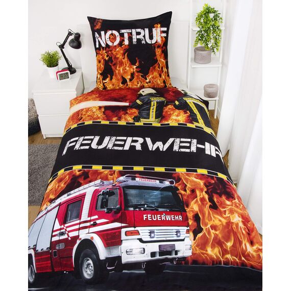 Herding Young Collection Bettwäsche-Set, Feuerwehr Wendemotiv, Bettbezug 135 x 200 cm, Kopfkissenbezug 80 x 80 cm, Baumwolle/Renforcé, Bunt
