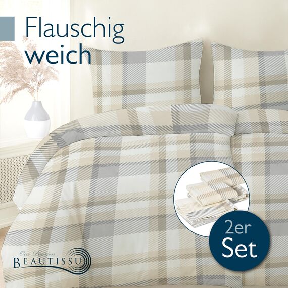 Beautissu Biber Bettwäsche 155x220 cm 4teilig Mira – Warme Flanell Winterbettwäsche Biberbettwäsche Bettbezug & Kissenbezug 80x80 cm, Warme Feinbiber Bettwäsche 155x220 Bettwäsche-Sets Beige