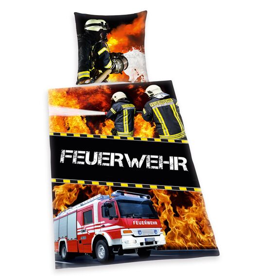 Herding Young Collection Bettwäsche-Set, Feuerwehr Wendemotiv, Bettbezug 135 x 200 cm, Kopfkissenbezug 80 x 80 cm, Baumwolle/Renforcé, Bunt