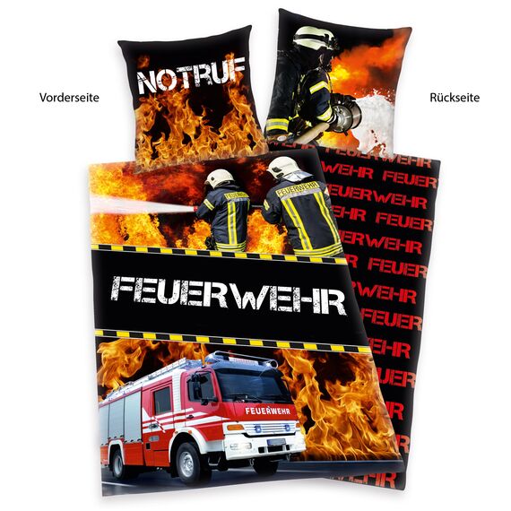 Herding Young Collection Bettwäsche-Set, Feuerwehr Wendemotiv, Bettbezug 135 x 200 cm, Kopfkissenbezug 80 x 80 cm, Baumwolle/Renforcé, Bunt