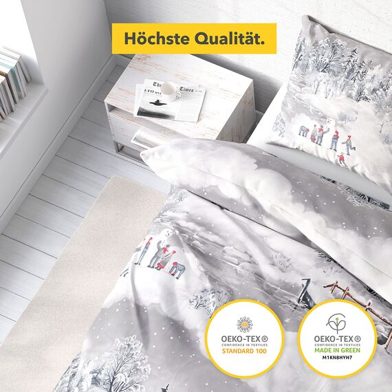 Träumschön Biber Bettwäsche Set 2tlg 155x220 cm + 80x80 cm – Flauschige Winterbettwäsche Silber – Weiche Winterbettwäsche mit Schneelandschaft - Atmungsaktiv, Warm & Hautfreundlich - 100% Baumwolle