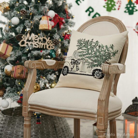 Artoid Mode Lastwagen Baum Schleife Weihnachten Kissenbezug, 40x40 cm Saisonnal LKW Winter Zierkissenbezug Cushion Cover Couch Wohnzimmer Deko