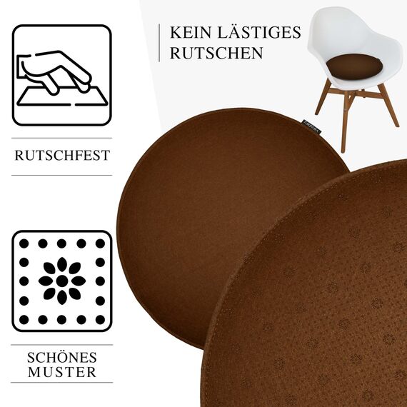 Ampara - 4er Set Stuhlkissen rund 33 cm - rutschfest & Gemütlich - Sitzkissen Filz rund | für Stuhl, Bank, Hocker etc. (Braun)