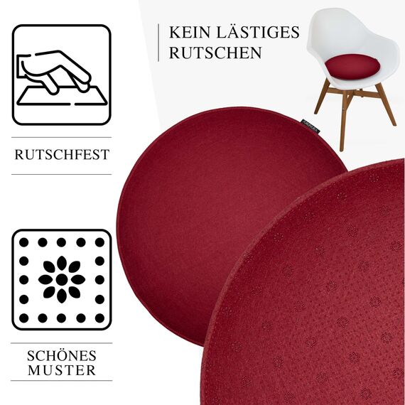 Ampara - 4er Set Stuhlkissen rund 33 cm - rutschfest & Gemütlich - Sitzkissen Filz rund | für Stuhl, Bank, Hocker etc. (Weinrot)