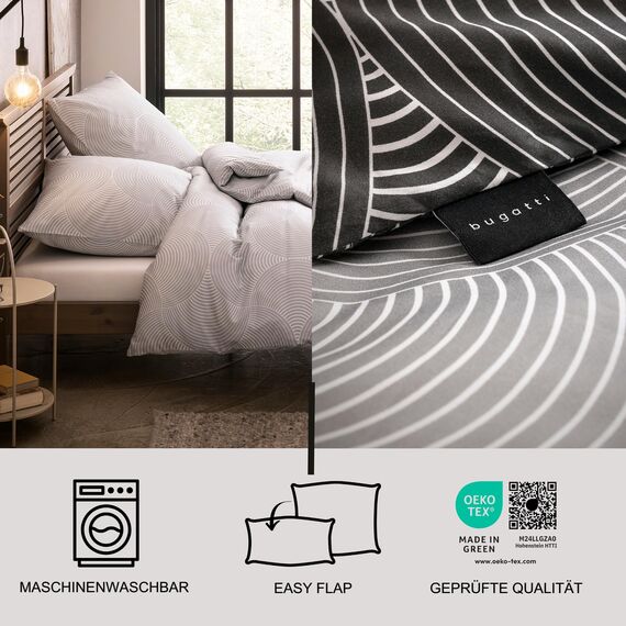bugatti Bettwäsche 155x220 cm - 100% Baumwolle, Reißverschluss, anschmiegsam, weich & waschbar, Mako Satinbettwäsche Kreise grafisch grau