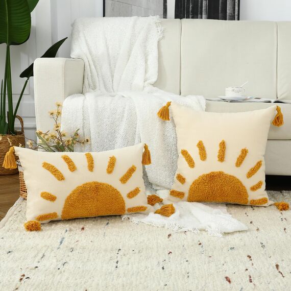 Labilin Kissenbezug 50x50 Gelb 1er Set Kissenbezüge Kissenhülle Gewebte Getuftete Sonnen Dekokissen mit Quasten Sofakissen Couchkissen Dekokissen Zierkissenbezug Deko Kissenhüllen Wohnzimmer