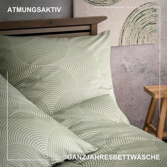 bugatti Bettwäsche 155x220 cm - 100% Baumwolle, Reißverschluss, anschmiegsam, weich & waschbar, Mako Satinbettwäsche Kreise grafisch grün