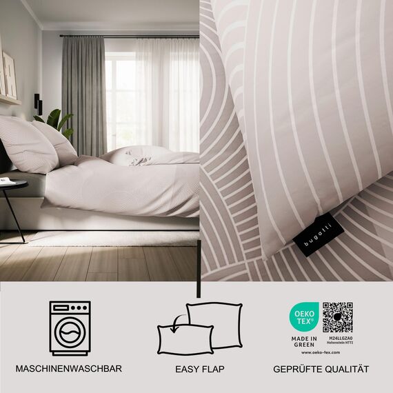 bugatti Bettwäsche 155 x 220 cm - 100% Baumwolle, 2 teilig mit Reißverschluss, anschmiegsam, weich & waschbar, Mako Satinbettwäsche gestreift Natur