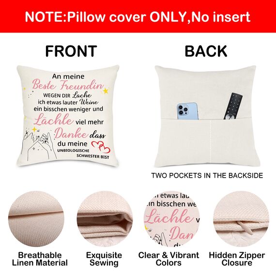 Lightzz Kissenbezug für Beste Freundin mit Dankesspruch, 45 x 45cm Kissenbezug mit Taschen, Geschenk für Beste Freunde Mädchen Bestie