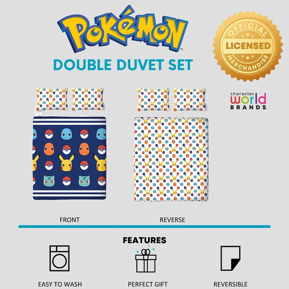 Pokemon Offiziell Lizenziertes Bettbezug-Set für Doppelbetten | Pikachu-Abzeichen-Design, wendbare 2-seitige Bettwäsche mit passenden Kissenbezügen | Character World Brands Doppelbett-Set