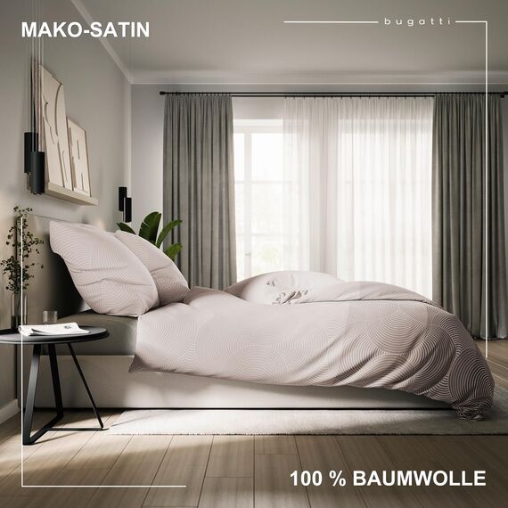 bugatti Bettwäsche 155 x 220 cm - 100% Baumwolle, 2 teilig mit Reißverschluss, anschmiegsam, weich & waschbar, Mako Satinbettwäsche gestreift Natur