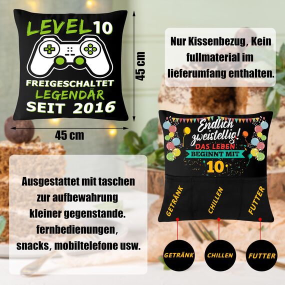 Shoppawhile Geschenk Junge 10 Jahre Geburtstag Gamer Geschenkideen Kissenbezug 45 * 45cm Geburtstagsgeschenk Junge 10 Jahre Doppelseitige Zierkissenbezüge mit 3 Taschen
