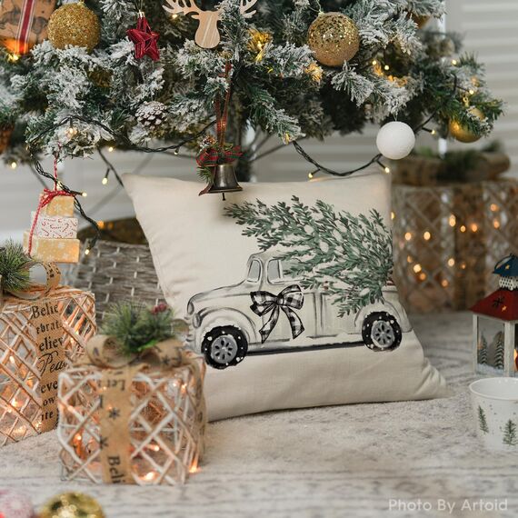 Artoid Mode Lastwagen Baum Schleife Weihnachten Kissenbezug, 40x40 cm Saisonnal LKW Winter Zierkissenbezug Cushion Cover Couch Wohnzimmer Deko