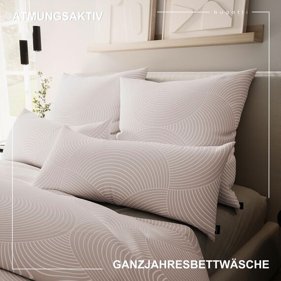 bugatti Bettwäsche 155 x 220 cm - 100% Baumwolle, 2 teilig mit Reißverschluss, anschmiegsam, weich & waschbar, Mako Satinbettwäsche gestreift Natur