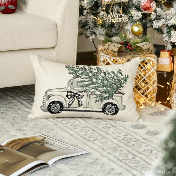Artoid Mode Lastwagen Baum Büffel Plaid Schleife Weihnachten Kissenbezug, 30x50cm Winter Zierkissenbezug Couch Wohnzimmer Deko