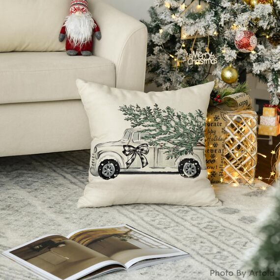 Artoid Mode Lastwagen Baum Schleife Weihnachten Kissenbezug, 50x50 cm Saisonnal LKW Winter Zierkissenbezug Cushion Cover Couch Wohnzimmer Deko
