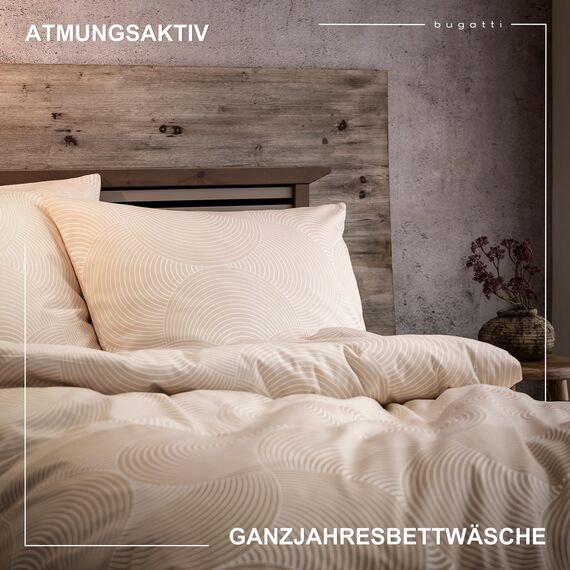 bugatti Bettwäsche 135x200 cm - 100% Baumwolle, Reißverschluss, anschmiegsam, weich & waschbar, Mako Satinbettwäsche Kreise grafisch beige