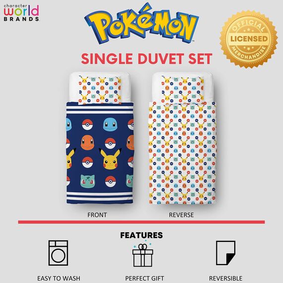 Pokemon Offiziell Lizenziertes Einzelbett-Bettbezug-Set für Kinder, Pikachu-Abzeichen-Design, wendbar, zweiseitig, Bettwäsche mit passendem Kissenbezug, Character World Brands Einzelbett-Set
