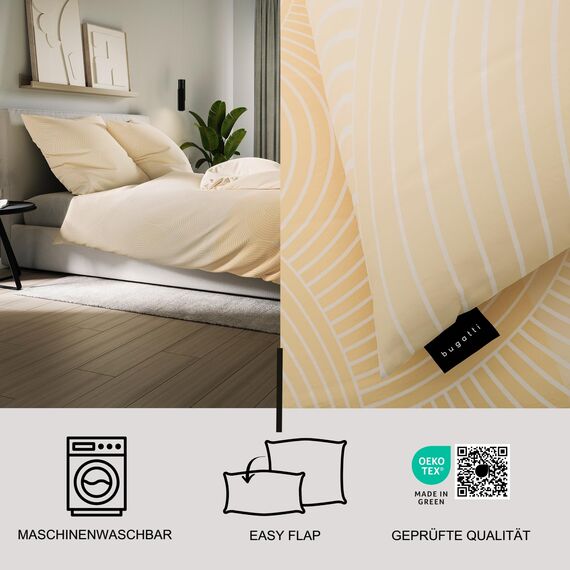bugatti Bettwäsche 135 x 200 cm - 100% Baumwolle, 2 teilig mit Reißverschluss, anschmiegsam, weich & waschbar, Mako Satinbettwäsche gestreift Butteryellow