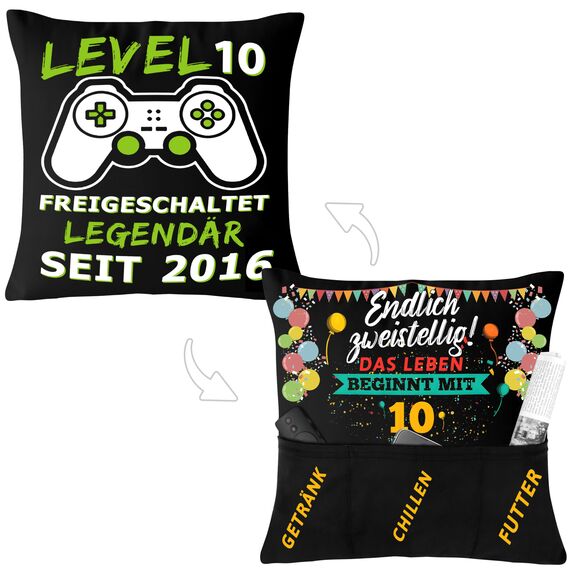 Shoppawhile Geschenk Junge 10 Jahre Geburtstag Gamer Geschenkideen Kissenbezug 45 * 45cm Geburtstagsgeschenk Junge 10 Jahre Doppelseitige Zierkissenbezüge mit 3 Taschen