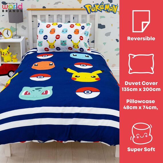 Pokemon Offiziell Lizenziertes Einzelbett-Bettbezug-Set für Kinder, Pikachu-Abzeichen-Design, wendbar, zweiseitig, Bettwäsche mit passendem Kissenbezug, Character World Brands Einzelbett-Set