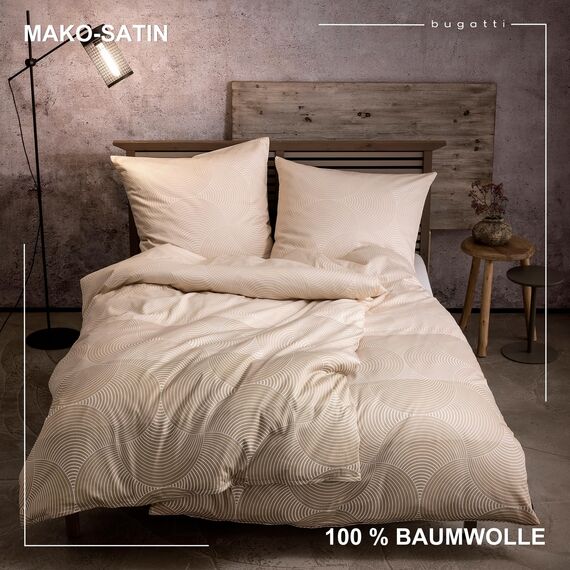 bugatti Bettwäsche 155x220 cm - 100% Baumwolle, Reißverschluss, anschmiegsam, weich & waschbar, Mako Satinbettwäsche Kreise grafisch beige