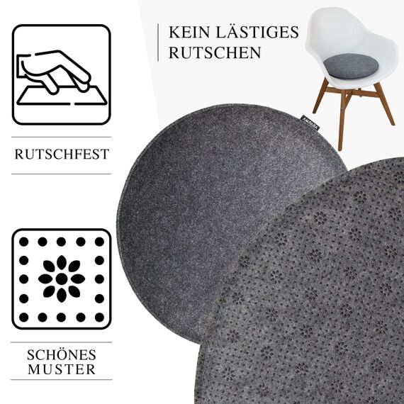 Ampara - 4er Set Stuhlkissen rund 33 cm - rutschfest & Gemütlich - Sitzkissen Filz rund, Grau| für Stuhl, Bank, Hocker etc. (Hellgrau)