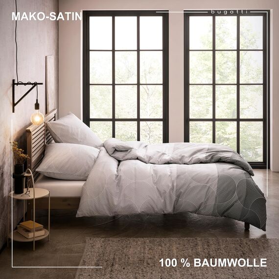 bugatti Bettwäsche 155x220 cm - 100% Baumwolle, Reißverschluss, anschmiegsam, weich & waschbar, Mako Satinbettwäsche Kreise grafisch grau