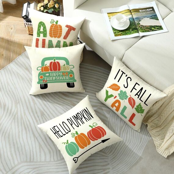 Cirzone Herbst Kissenbezug 45 x 45 cm 4er Set LKW Kürbis Plüsch Dekorative Kissen Herbst Dekoration für Home Garten Sofa Schlafzimmer