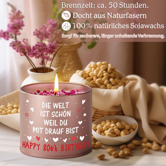 PRSTENLY 80 Geburtstag Frau, Geburtstagsgeschenk für Frauen, Kerze aus Metall Geschenke zur Geburt für Frau Freundin Mama Schwester Tochter, Beste Freundin Geburtstag Geschenk