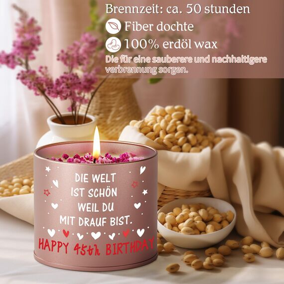 PRSTENLY 45 Geburtstag Frau, Geburtstagsgeschenk für Frauen, 9OZ Lavendel Kerze aus Metall Geschenke zur Geburt für Frau Freundin Mama Schwester Tochter, Beste Freundin Geburtstag Geschenk