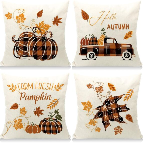 Cirzone Herbst Kissenbezug 45 x 45 cm 4er Set Ahornblatt Kürbis Kissen Herbst Dekoration für Home Garten Sofa Schlafzimmer
