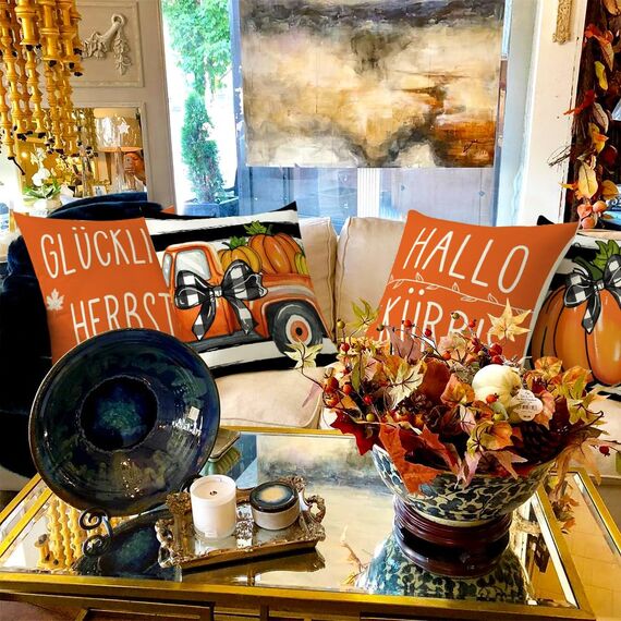 Cirzone Herbst Kissenbezug 45 x 45 cm 4er Set Hallo Kürbis Dekorative Kissen Herbst Dekoration für Home Garten Sofa Schlafzimmer