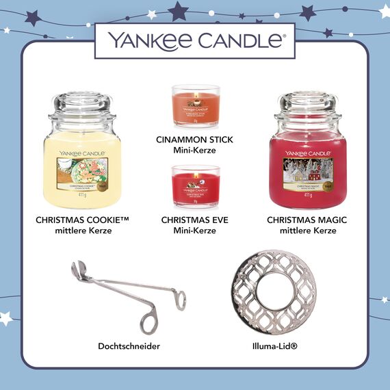 Yankee Candle Geschenk-Set | 2 mittelgroße Duftkerzen, 2 gefüllte Votivkerzen | Dochtschneider und Illuma-Deckel Kerzentopper | 6-teiliges Kerzenset | Geschenke für Frauen