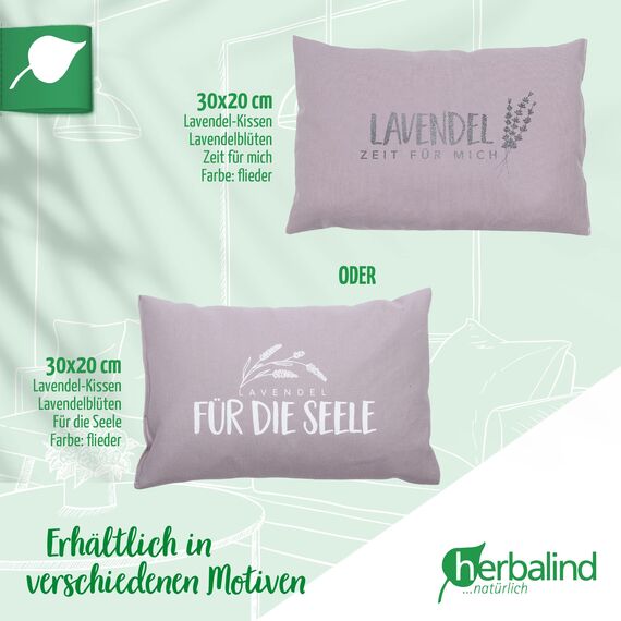 Herbalind Lavendelkissen Zeit für Mich 30x20 cm Schlafkissen mit Füllung - Duftkissen zum Schlafen, Oeko TEX 100% Baumwolle, Kräuterkissen mit Lavendel ohne Chemie - Dekokissen - Geschenk für Frauen