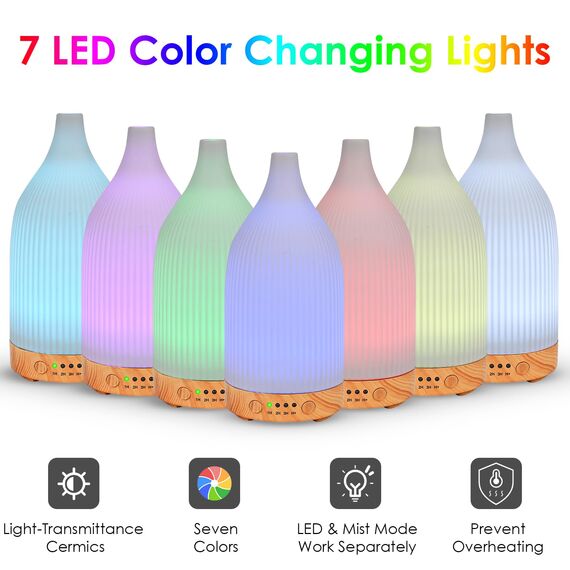 Dreamhigh® Aroma Diffuser Keramik 100ML, Weißer Ultraschall Aroma Diffuser Für ätherische Öle mit 7-farbigem LED-Licht, Luftbefeuchter Elektrisch Duftlampe, Timer, Abschaltautomatik
