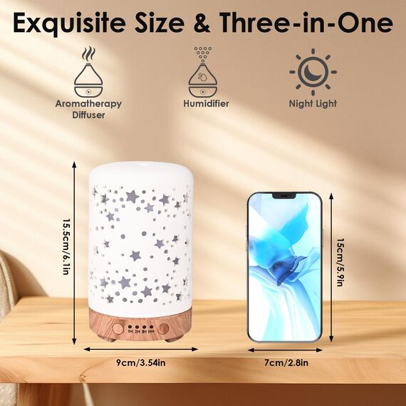 Dreamhigh® Aroma Diffuser Keramik 100ML, Weißer Ultraschall Aroma Diffuser Für ätherische Öle mit 7-farbigem LED-Licht, Luftbefeuchter Elektrisch Duftlampe, Timer, Abschaltautomatik