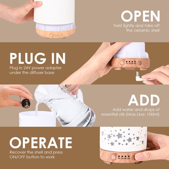 Dreamhigh® Aroma Diffuser Keramik 100ML, Weißer Ultraschall Aroma Diffuser Für ätherische Öle mit 7-farbigem LED-Licht, Luftbefeuchter Elektrisch Duftlampe, Timer, Abschaltautomatik