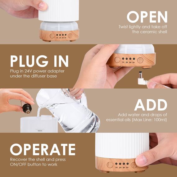 Dreamhigh® Aroma Diffuser Keramik 100ML, Weißer Ultraschall Aroma Diffuser Für ätherische Öle mit 7-farbigem LED-Licht, Luftbefeuchter Elektrisch Duftlampe, Timer, Abschaltautomatik