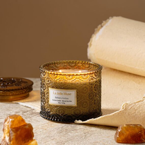 LA JOLIE MUSE Sahara-Ambra-Kerze, Aroma-Kerzen für zuhause, große 2-Docht-Soja-Kerze, Duftkerze Geschenk, sauber brennende Kerzen, ca. 340 g (12oz)