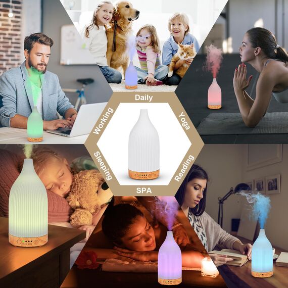 Dreamhigh® Aroma Diffuser Keramik 100ML, Weißer Ultraschall Aroma Diffuser Für ätherische Öle mit 7-farbigem LED-Licht, Luftbefeuchter Elektrisch Duftlampe, Timer, Abschaltautomatik