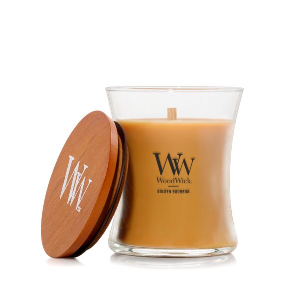 WoodWick Duftkerze mit knisterndem Docht | Mittelgroße Sanduhr-Kerze Golden Bourbon | Lang brennende Kerzen: bis zu 60 Stunden | Perfekte Geschenke für Frauen