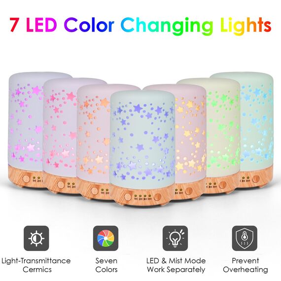 Dreamhigh® Aroma Diffuser Keramik 100ML, Weißer Ultraschall Aroma Diffuser Für ätherische Öle mit 7-farbigem LED-Licht, Luftbefeuchter Elektrisch Duftlampe, Timer, Abschaltautomatik