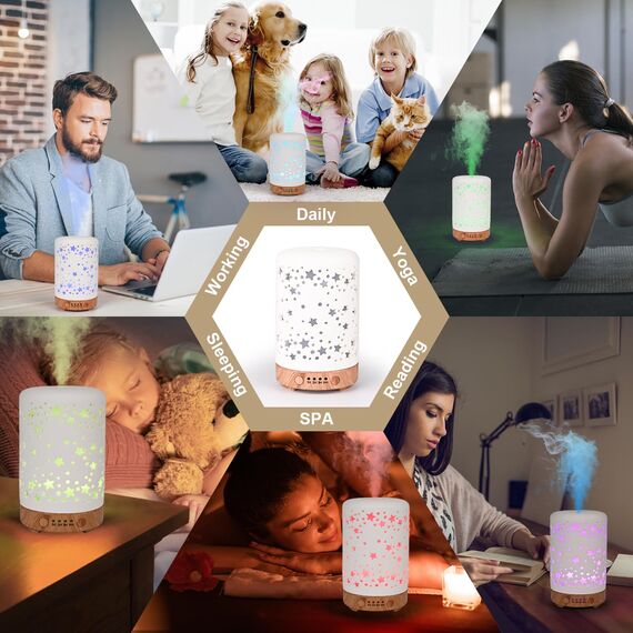 Dreamhigh® Aroma Diffuser Keramik 100ML, Weißer Ultraschall Aroma Diffuser Für ätherische Öle mit 7-farbigem LED-Licht, Luftbefeuchter Elektrisch Duftlampe, Timer, Abschaltautomatik