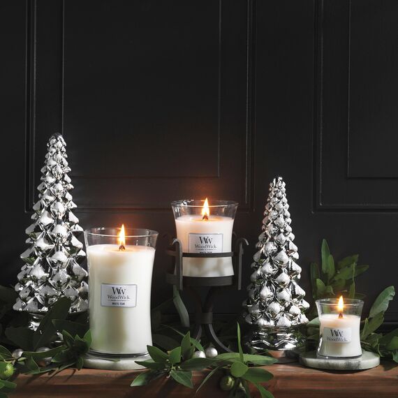 WoodWick mittelgroße Duftkerze im Sanduhrglas mit knisterndem Docht | White Teak | Brenndauer bis zu 60 Stunden