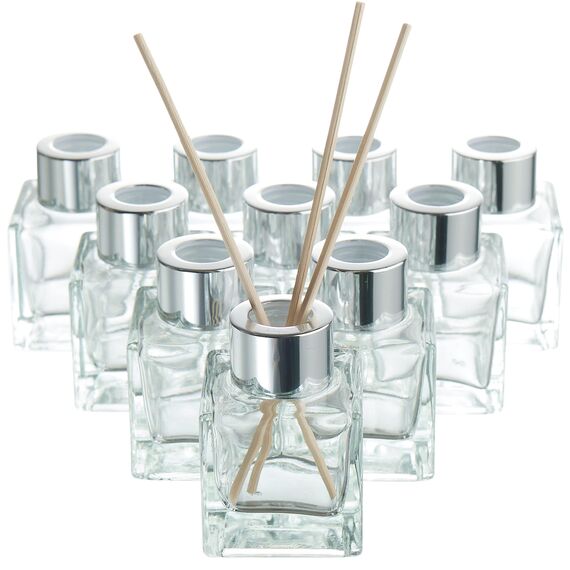 MATANA 50 Elegante Leere Glasdiffusorflaschen mit Kappen & 200 Duftstäbchen - Ätherische Öle, Deko, Raumduft - 50ml Glasdiffusorflaschen, Leer Diffuser Glas mit Duftstäbchen