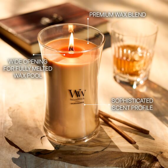 WoodWick Duftkerze mit knisterndem Docht | Große Sanduhr-Kerze Golden Bourbon | Lang brennende Kerzen: bis zu 130 Stunden | Perfekte Geschenke für Frauen