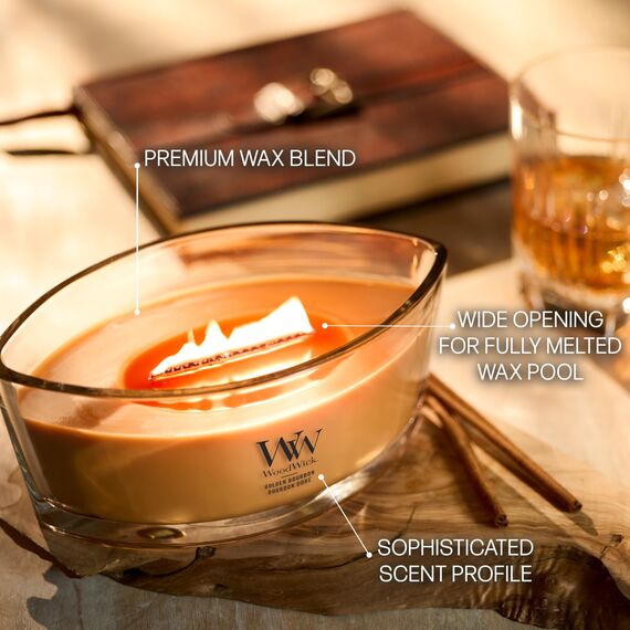 WoodWick Duftkerze mit knisterndem Docht | Ellipsen-Kerze Golden Bourbon | Lang brennende Kerzen: bis zu 50 Stunden Brenndauer | Perfekte Geschenke für Frauen