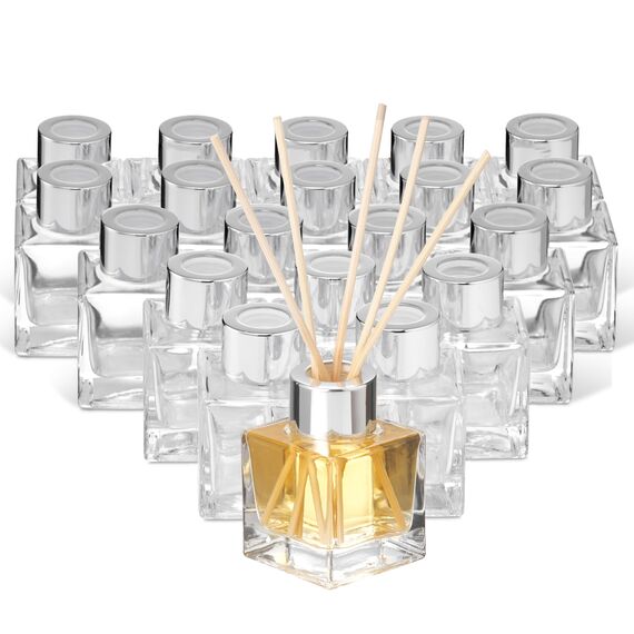 MATANA 20 Elegante Leere Glasdiffusorflaschen mit Kappen (50ml) & 80 Duftstäbchen - Ätherische Öle, Deko, Raumerfrischung, Raumduft, Badezimmer, Wohnzimmer, Büro
